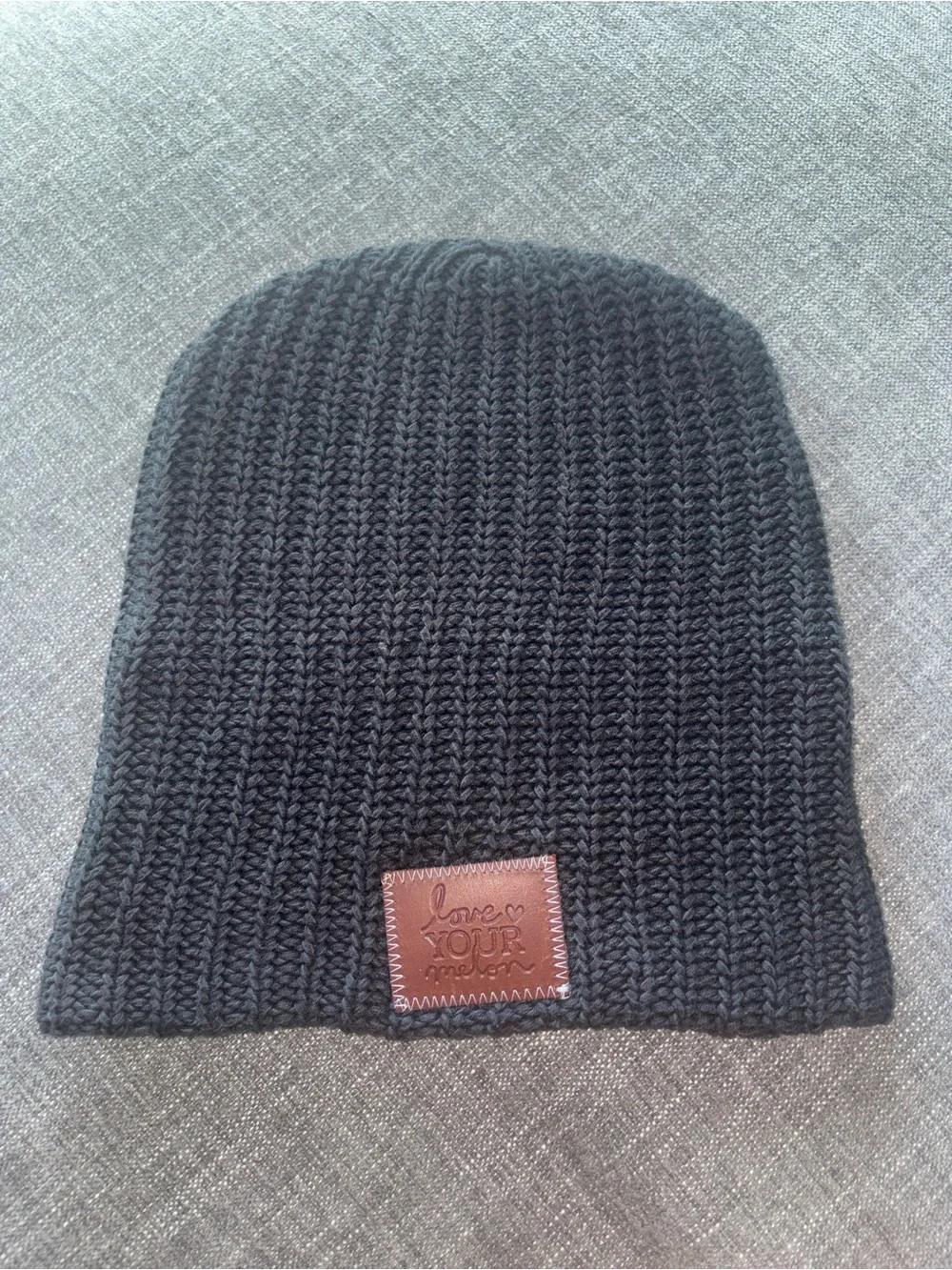 Love Your Melon Black Knit Beanie with Brown Leather Patch